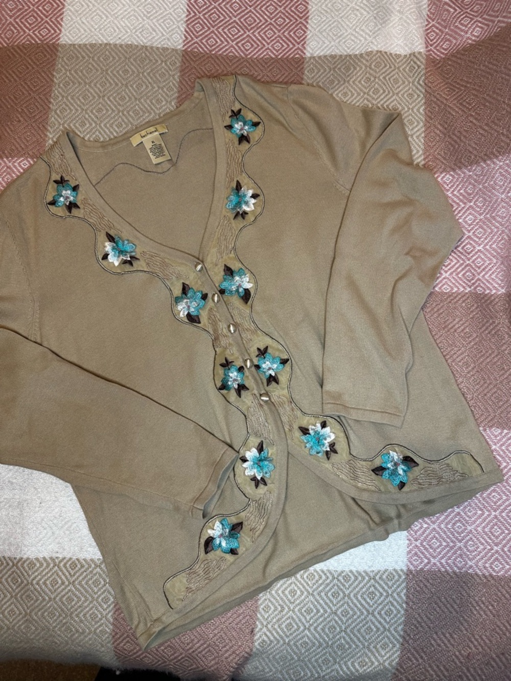 Vintage Embroidered Floral Cardigan in Taupe with Teal Accents
